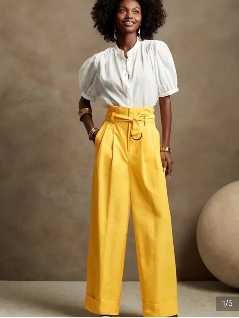 Banana Republic Bright Yellow High-Rise Belted Wide-Leg Cuff Dress Pant, Size 6